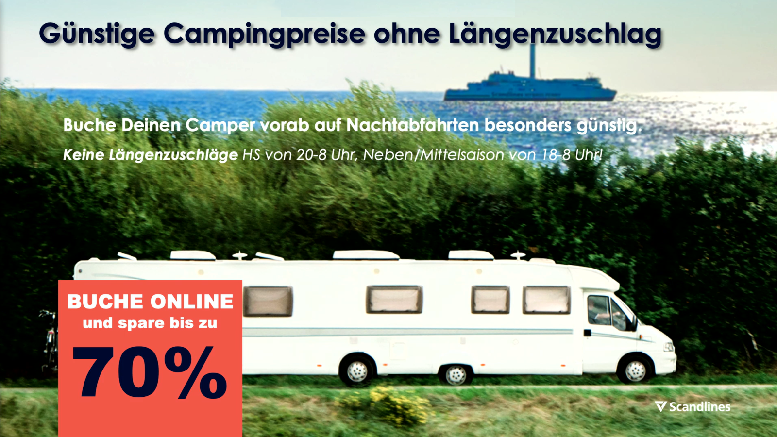 Scandlines Camper Ticket med fordelagtige priser for autocampere og biler med campingvogne uden længdetillæg.
